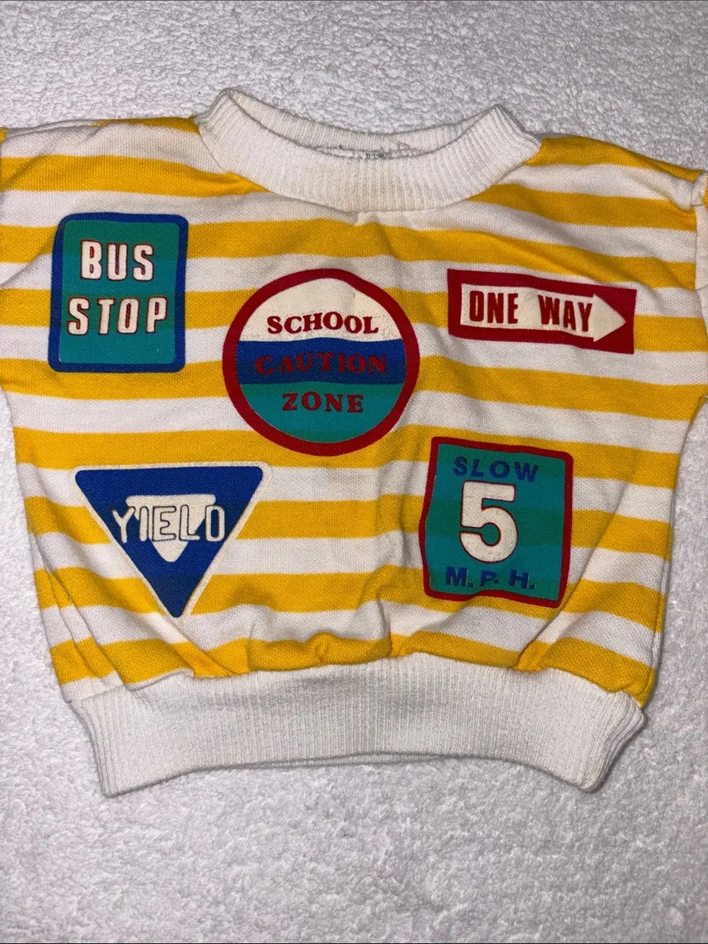 healthtex Yellow & White Striped Sweatshirt with Road Sign Patches vintage 12m